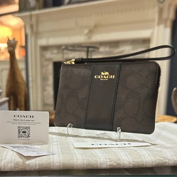 COACH Signature PVC Leather Corner Zip Wristlet w/Stripe in Walnut Brown & Black - Picture 8 of 15